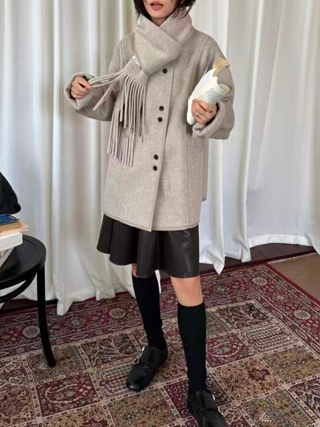 Women's woolen mid-length coat (with scarf) Women's woolen mid-length coat (with scarf)