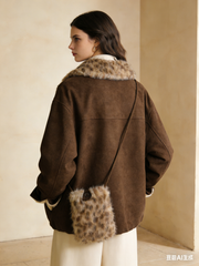 Suede and velvet patchwork fur collar coat (with bag)