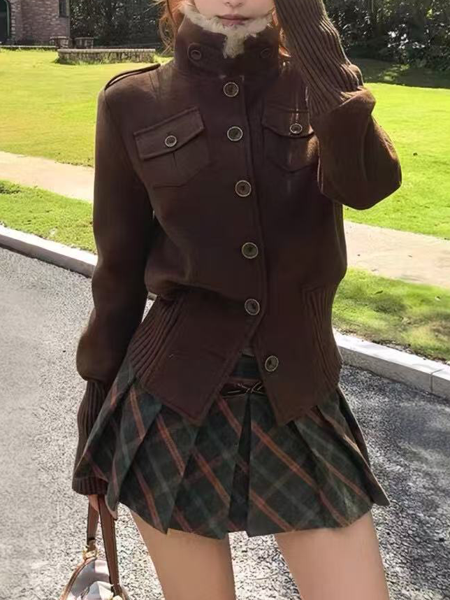 Women's lapel woolen patchwork knitted fashion coat Women's lapel woolen patchwork knitted fashion coat