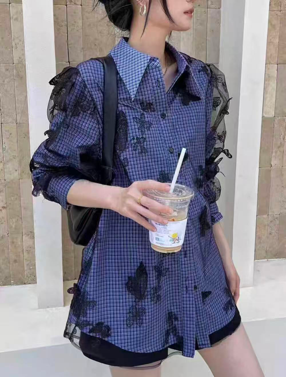 Ladies' lace butterfly patchwork casual shirt Ladies' lace butterfly patchwork casual shirt