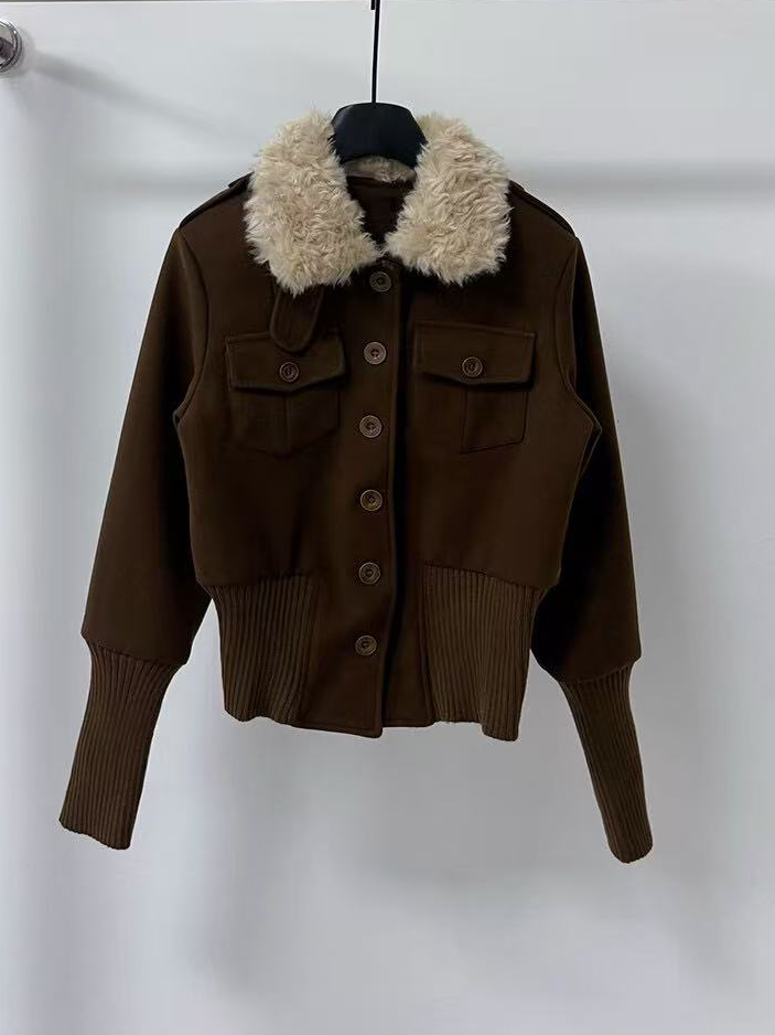 Women's lapel woolen patchwork knitted fashion coat Women's lapel woolen patchwork knitted fashion coat