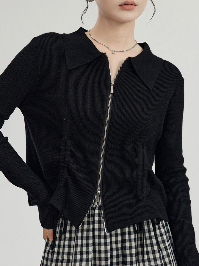 Drawstring lapel knitted long-sleeved top Drawstring lapel knitted long-sleeved top