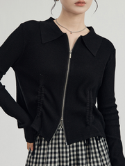 Drawstring lapel knitted long-sleeved top