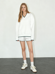 Retro color-blocked V-neck long-sleeved top