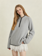 Waffle-knit half-front stand-up collar sweatshirt
