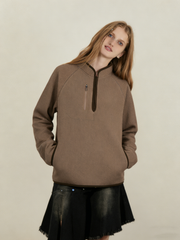 Waffle-knit half-front stand-up collar sweatshirt