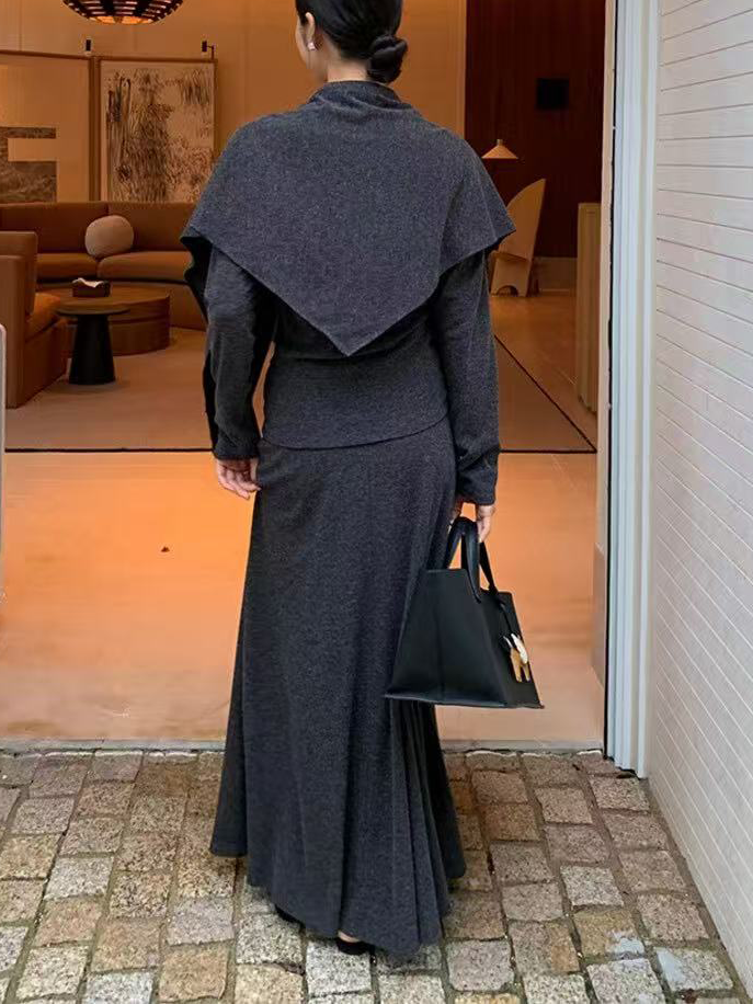 A three-piece set of knitted top, skirt and shawl