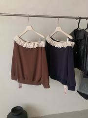 Ladies' casual black fungus lace long-sleeved top