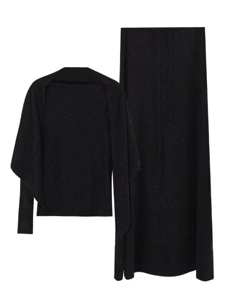A three-piece set of knitted top, skirt and shawl