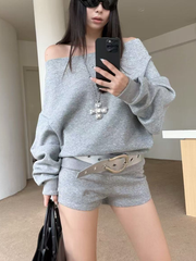 Ladies' long-sleeved top with willow studs, one-shoulder(Including the belt)