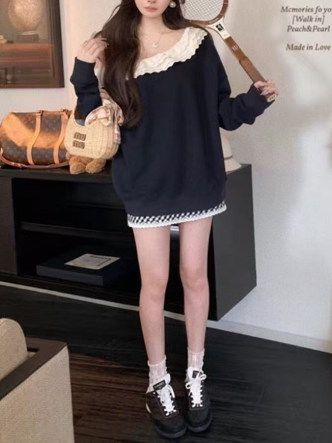 Ladies' casual black fungus lace long-sleeved top