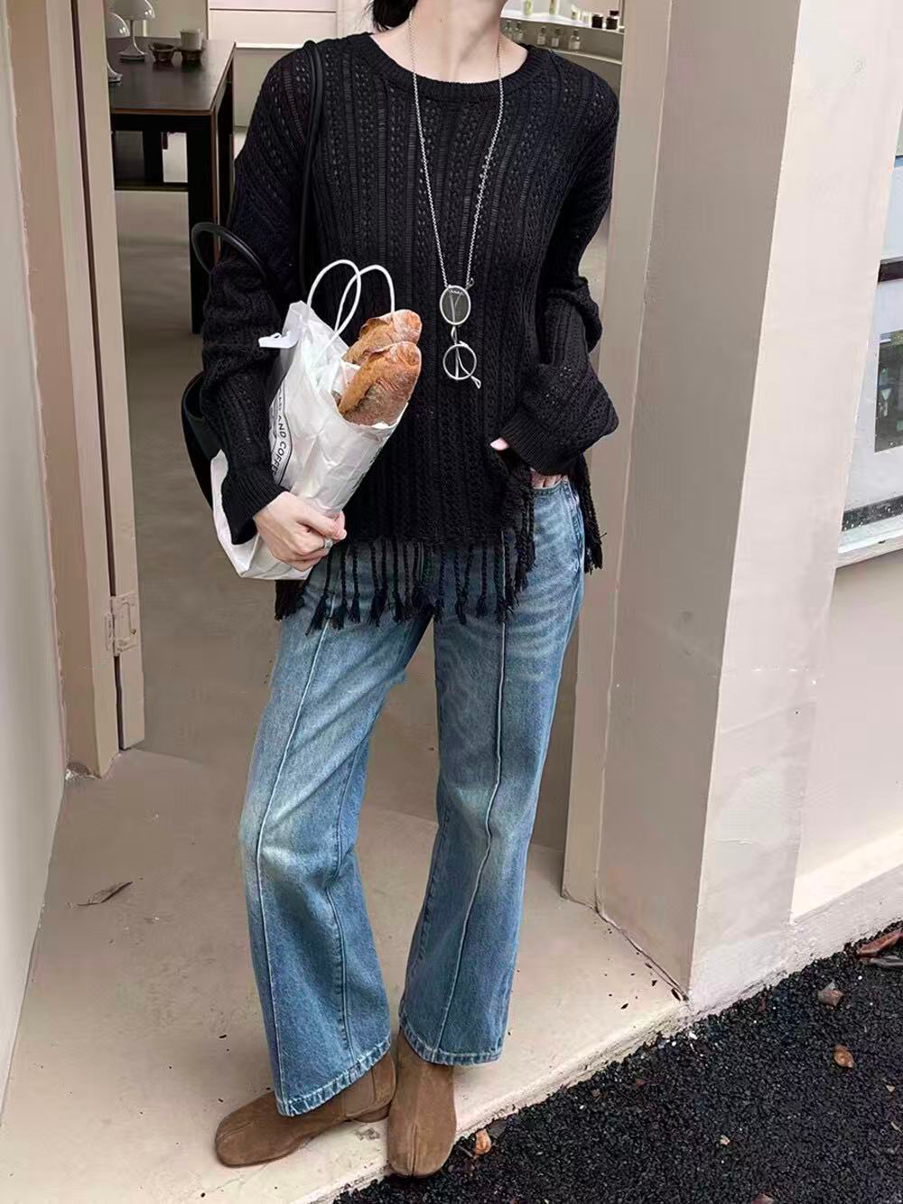Ladies' split straight-leg denim casual pants