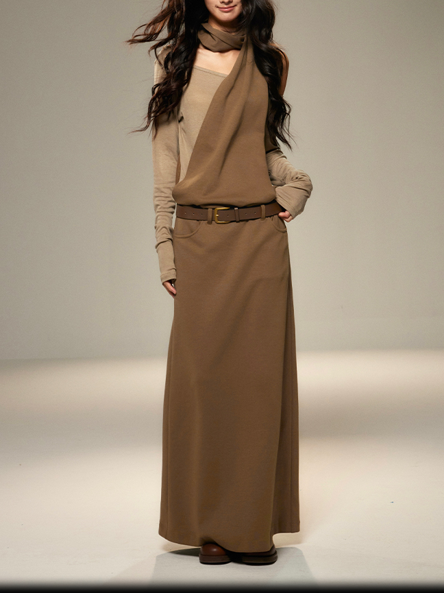 Ladies' casual long-sleeved neck-hanging pocket imitation two dresses Ladies' casual long-sleeved neck-hanging pocket imitation two dresses