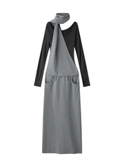 Ladies' casual long-sleeved neck-hanging pocket imitation two dresses