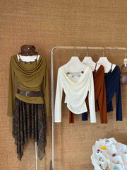 Ladies' long-sleeved halter top with neckline decoration