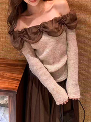 Sexy lace one-shoulder knitted long-sleeved top