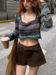 Bohemian-style knitted long-sleeved short top