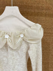 Sexy lace one-shoulder knitted long-sleeved top