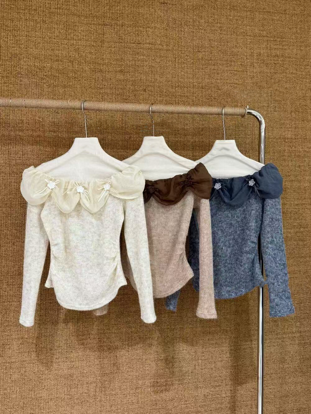 Sexy lace one-shoulder knitted long-sleeved top