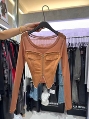 A lady's fitted long-sleeved top with patchwork