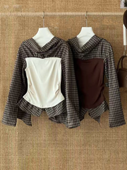 A long-sleeved top with checkered and color-blocking patterns for women