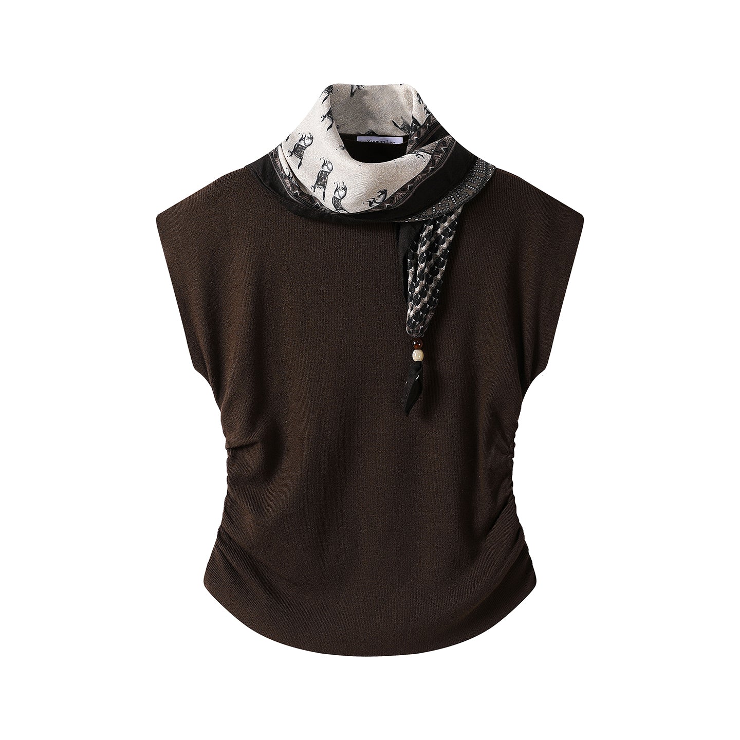 Knitted pleated silk scarf stand-up neck T-shirt (with silk scarf) Knitted pleated silk scarf stand-up neck T-shirt (with silk scarf)