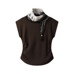 Knitted pleated silk scarf stand-up neck T-shirt (with silk scarf)
