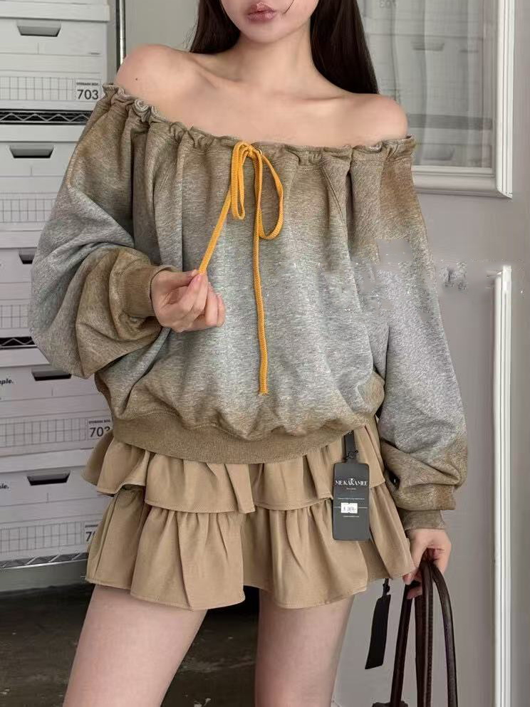 Retro drawstring one-shoulder long-sleeved shirt Retro drawstring one-shoulder long-sleeved shirt