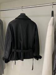 Ladies' pocket lapel leather coat