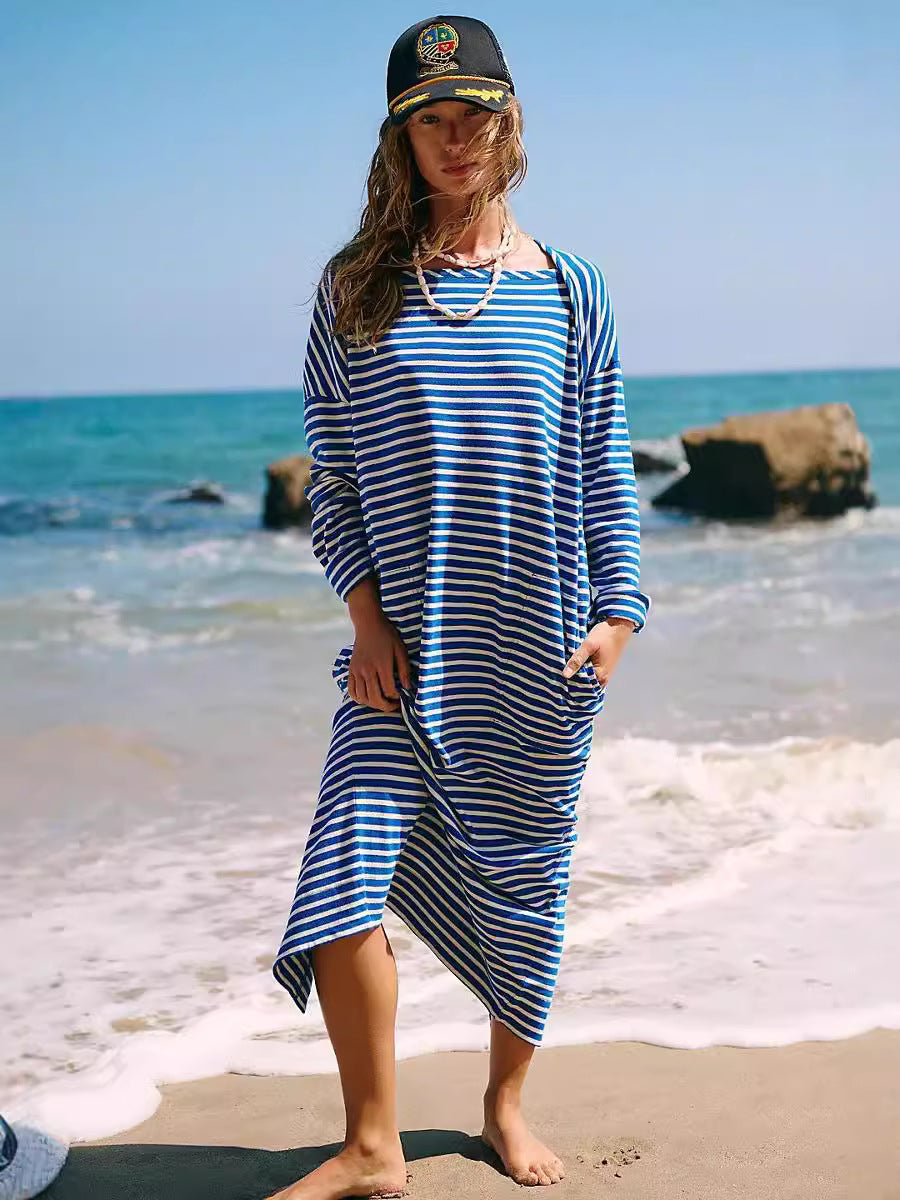 Women's striped pullover long-sleeved dress Women's striped pullover long-sleeved dress