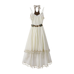 Bohemian fringed double-layer halter dress