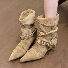 French pointed-leather suede western boots