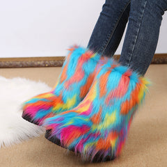Long fox fur mid-calf cotton boots