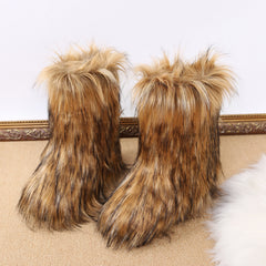 Long fox fur mid-calf cotton boots