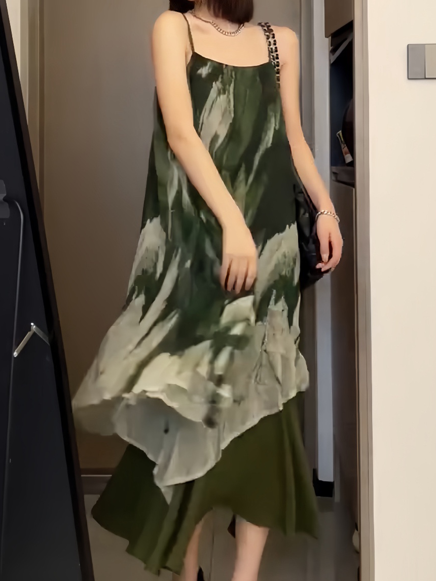 French green printed halter dress