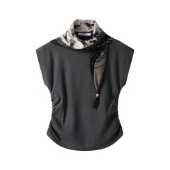 Knitted pleated silk scarf stand-up neck T-shirt (with silk scarf)