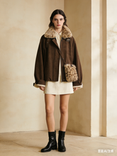 Suede and velvet patchwork fur collar coat (with bag)