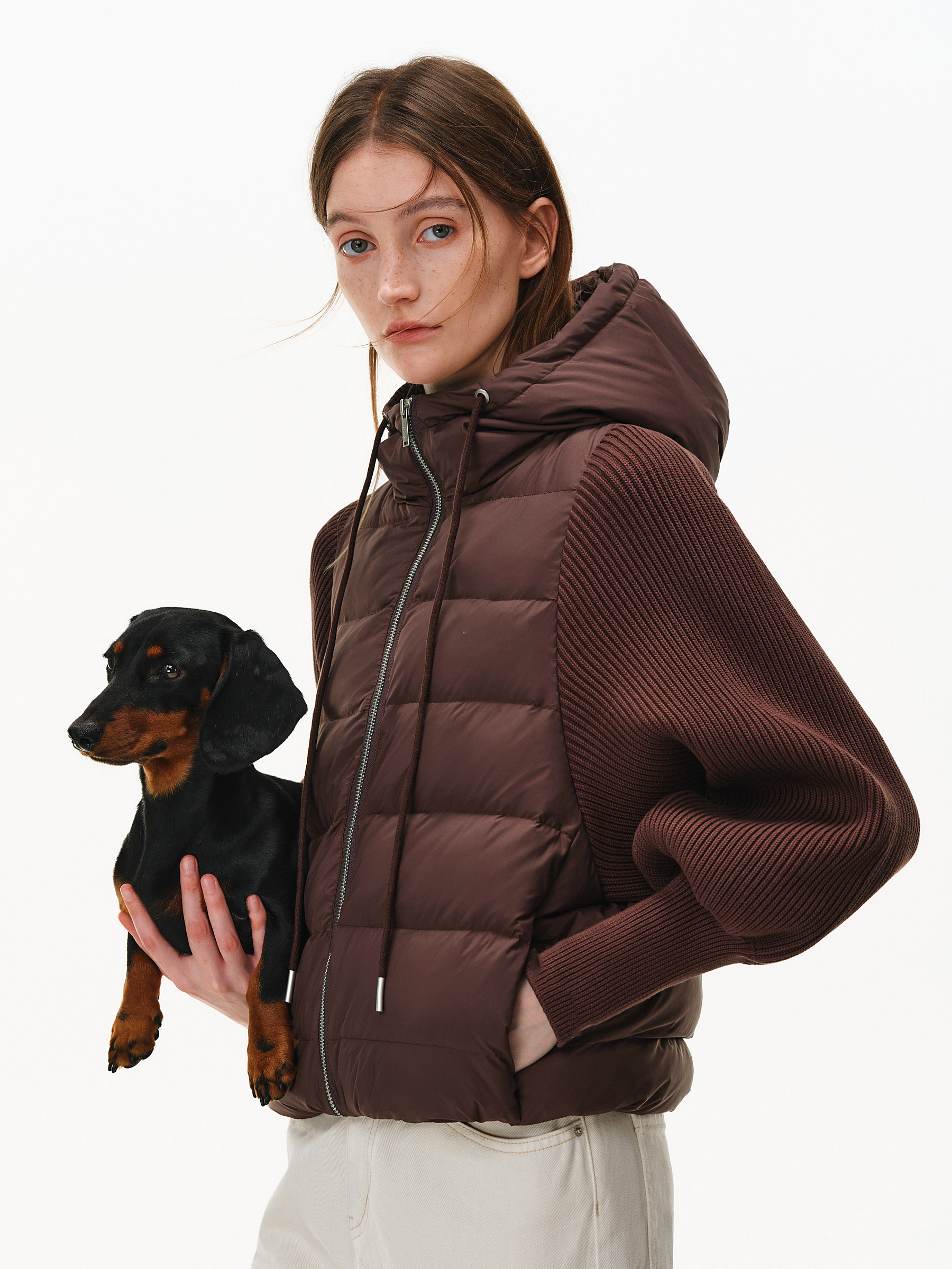 Down patchwork knitted hooded jacket