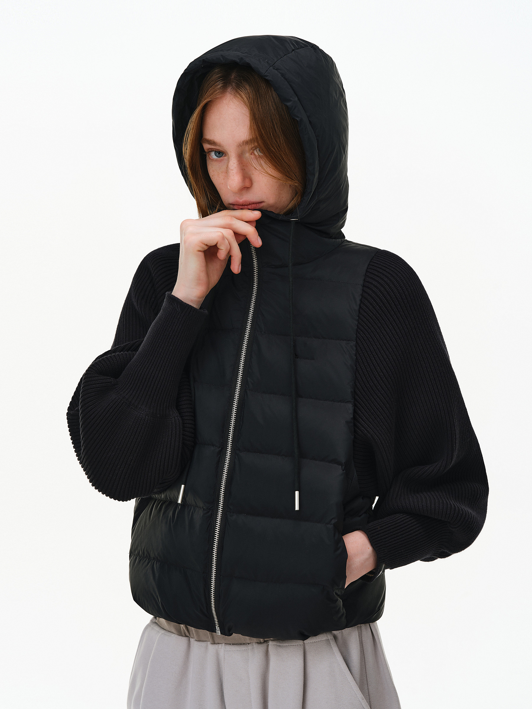 Down patchwork knitted hooded jacket