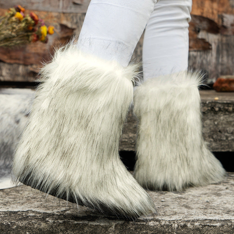 Long fox fur mid-calf cotton boots