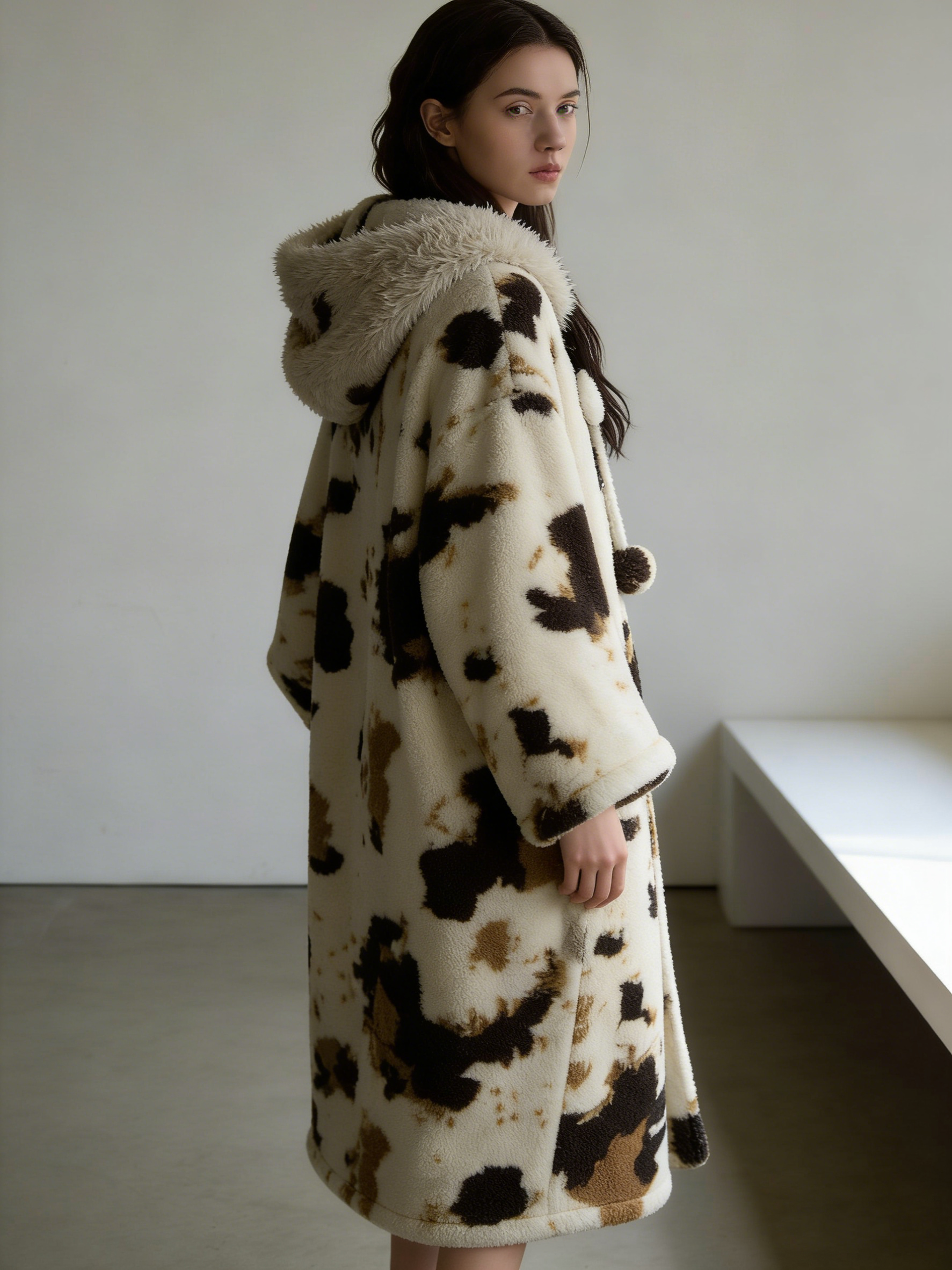 Coral fleece leopard print hooded nightgown