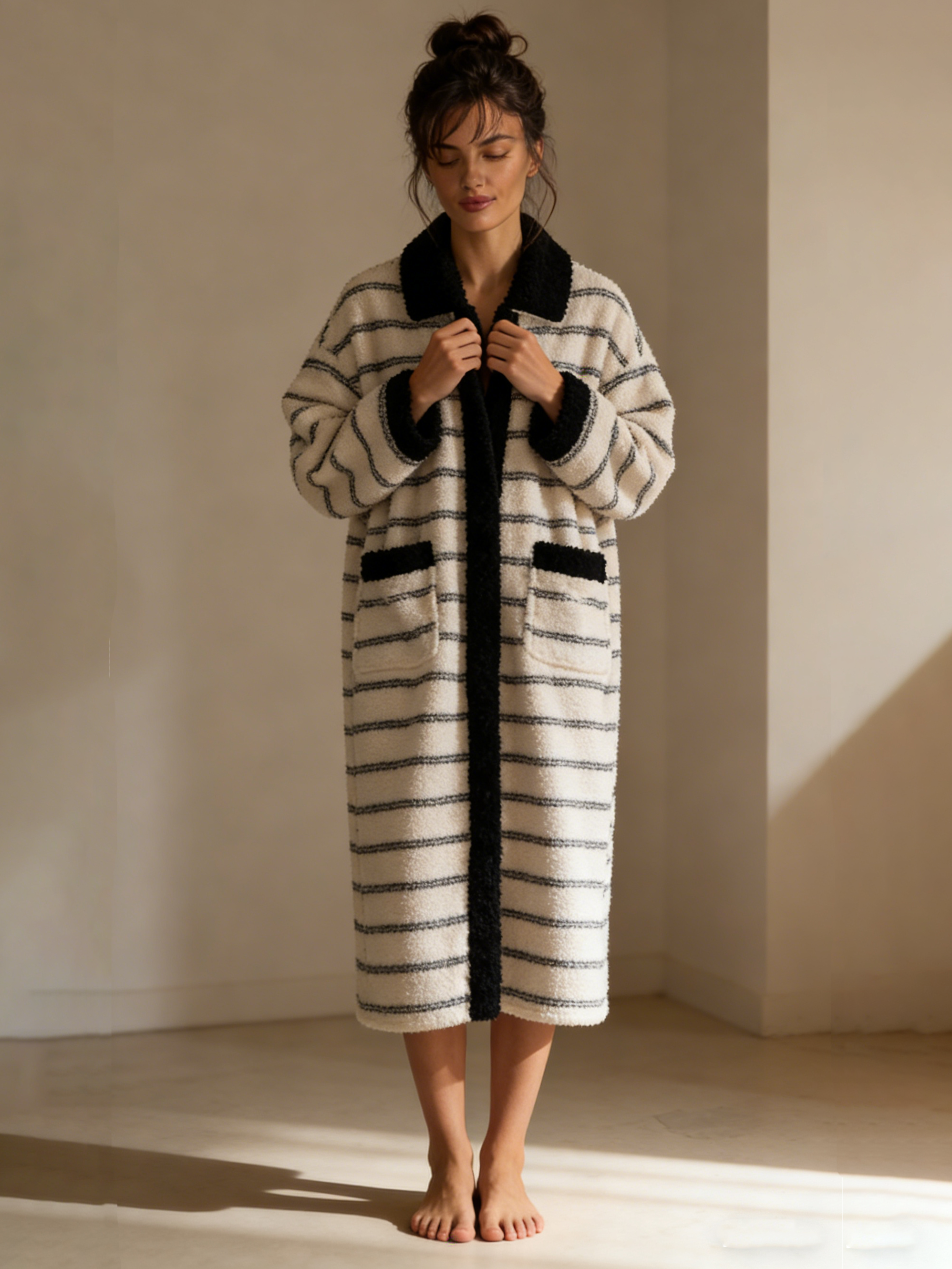 Coral fleece striped bathrobe