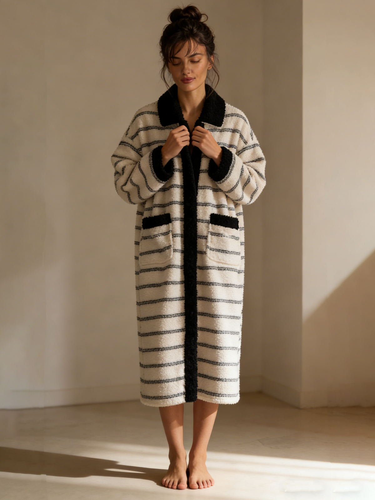 Coral fleece striped bathrobe