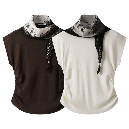 Knitted pleated silk scarf stand-up neck T-shirt (with silk scarf)
