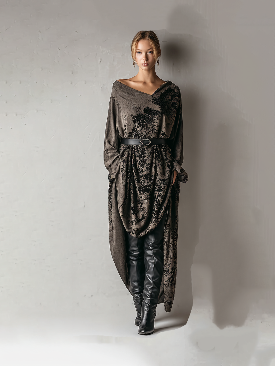 Women's knitted printed long dress (without belt)