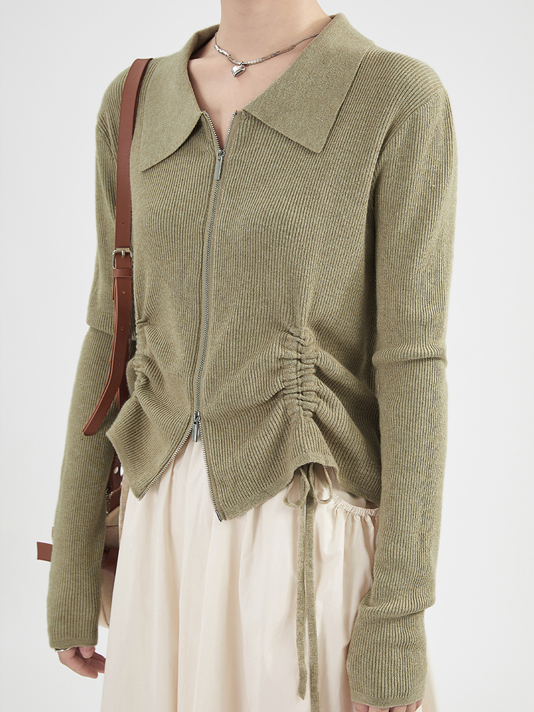 Drawstring lapel knitted long-sleeved top