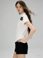 High-neck cat embroidered T-shirt