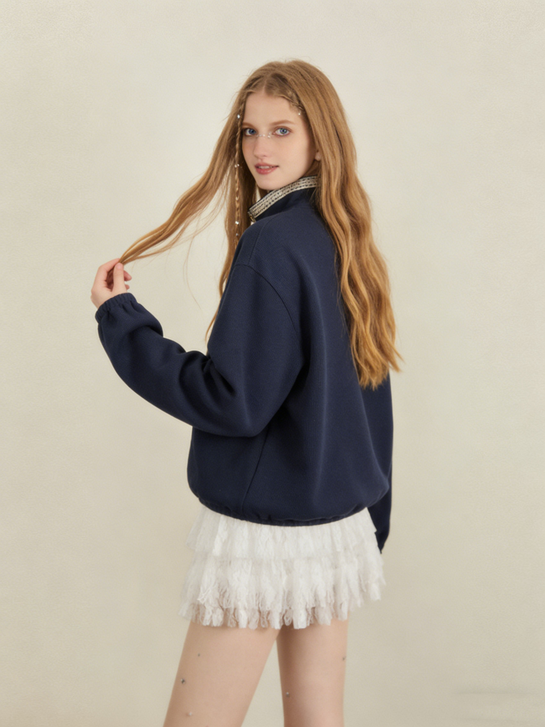 Color-blocked plaid stand-up collar half-open sweatshirt