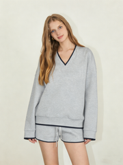 Retro color-blocked V-neck long-sleeved top