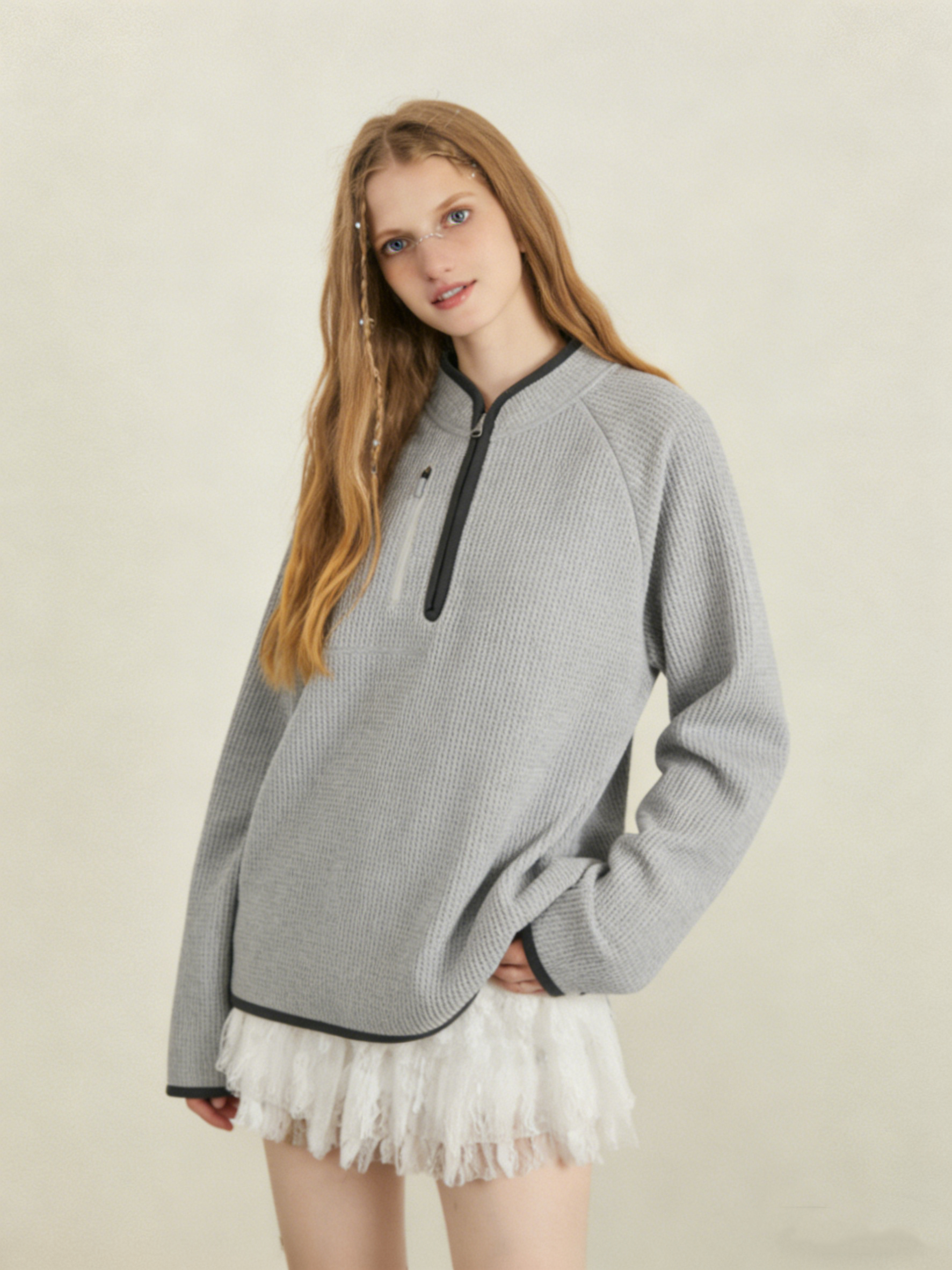 Waffle-knit half-front stand-up collar sweatshirt